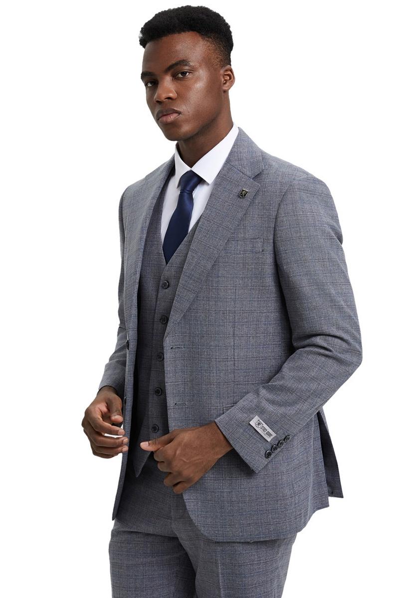 The men's Stacy Adams modern fit vested suit in light grey features a micro check plaid pattern. The suit includes a well-fitted blazer with notch lapels and a matching vest.