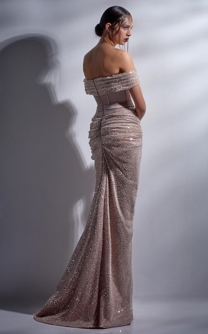 Gaby Charbachy G1290 Short Sleeve Glitter Column Gown by MNM Couture
