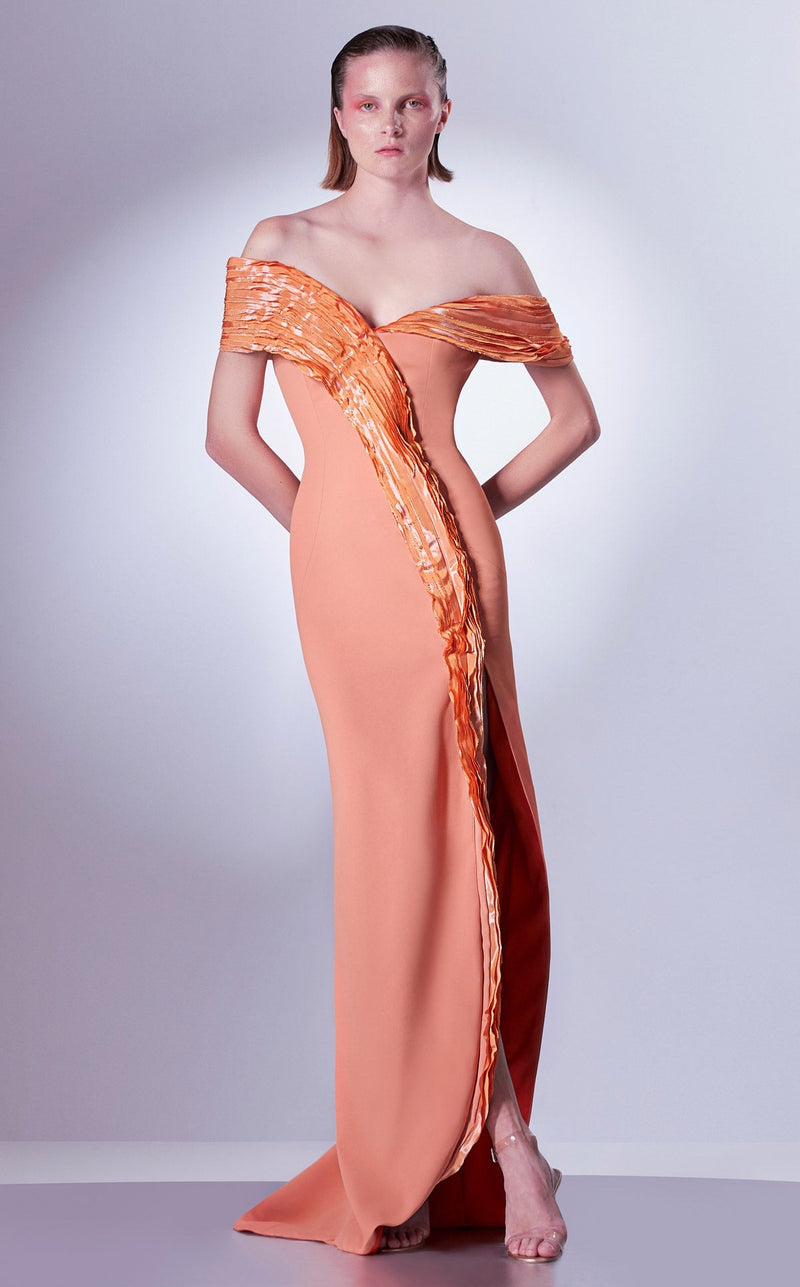 Gaby Charbachy Orange Off-Shoulder Ruffled Gown by MNM Couture