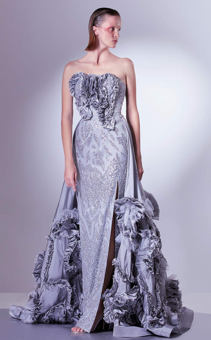 Gaby Charbachy G1330 Silver Strapless Sequined Gown with Overskirt by MNM Couture