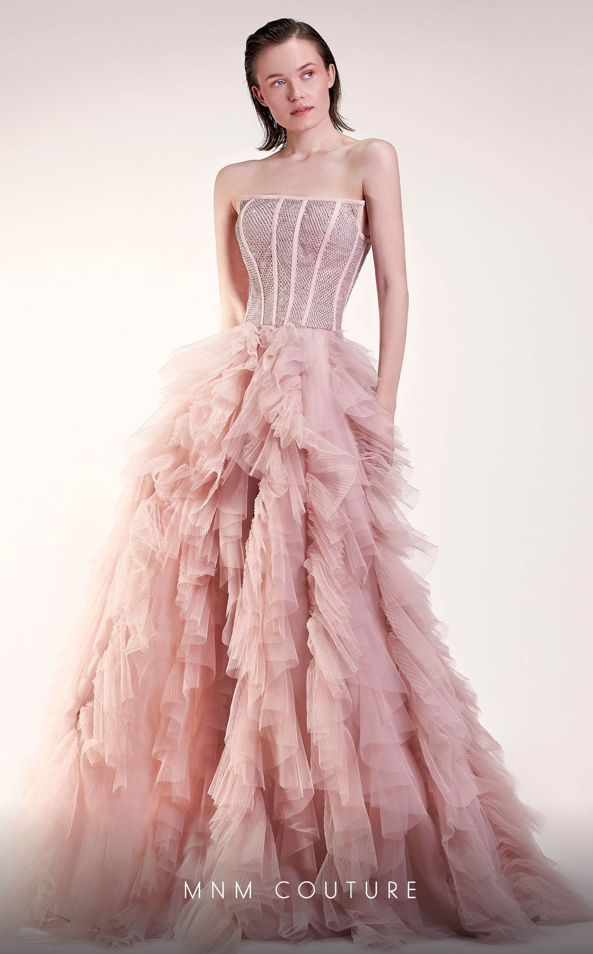Gaby Charbachy Strapless Ruffled Tulle Corset Gown – Blush