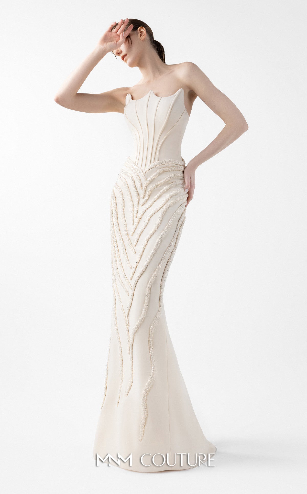 Gaby Charbachy G2032 Cream Mermaid Gown with Lace & Angular Neckline
