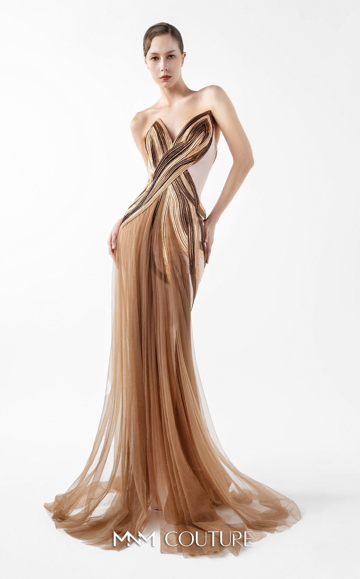 Gaby Charbachy G2038 Off-Shoulder Bronze Couture Gown by MNM Couture