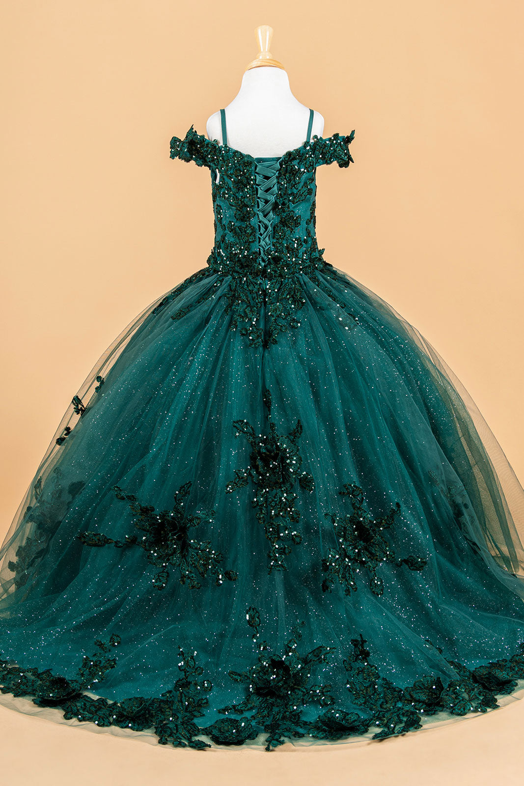Cold Shoulder Lace Appliqué Sequin Glitter Tulle Flower Dress with Corset Back by Elizabeth K GK121