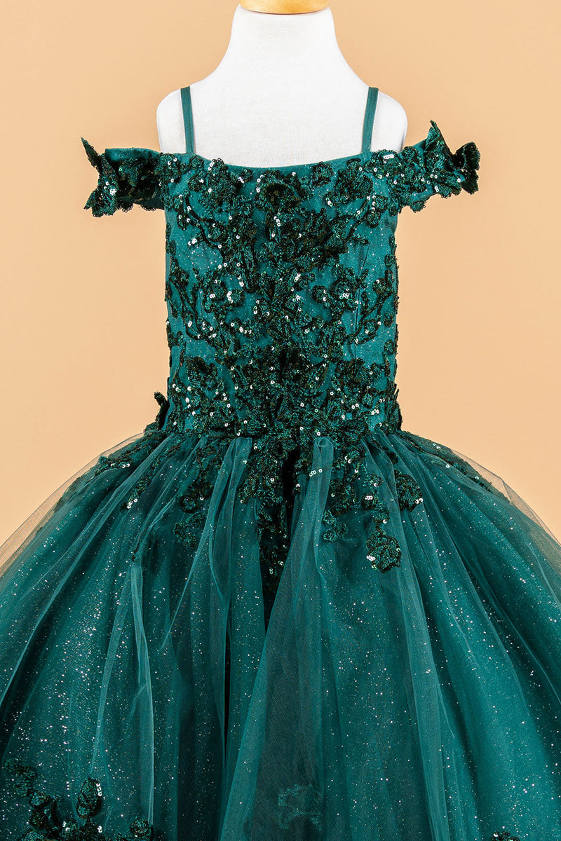 Cold Shoulder Lace Appliqué Sequin Glitter Tulle Flower Dress with Corset Back by Elizabeth K GK121