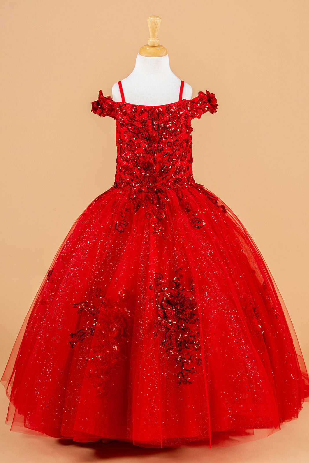 Cold Shoulder Lace Appliqué Sequin Glitter Tulle Flower Dress with Corset Back by Elizabeth K GK121