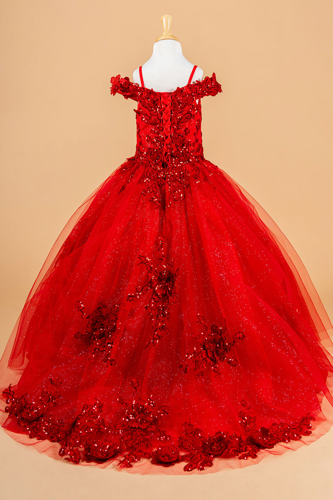 Cold Shoulder Lace Appliqué Sequin Glitter Tulle Flower Dress with Corset Back by Elizabeth K GK121