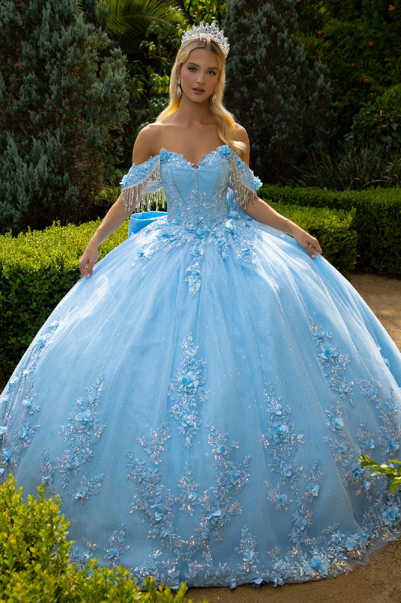 Off Shoulder Floral Appliqué Quinceañera Dress with Beaded Fringe Sleeves by Elizabeth K GL3525