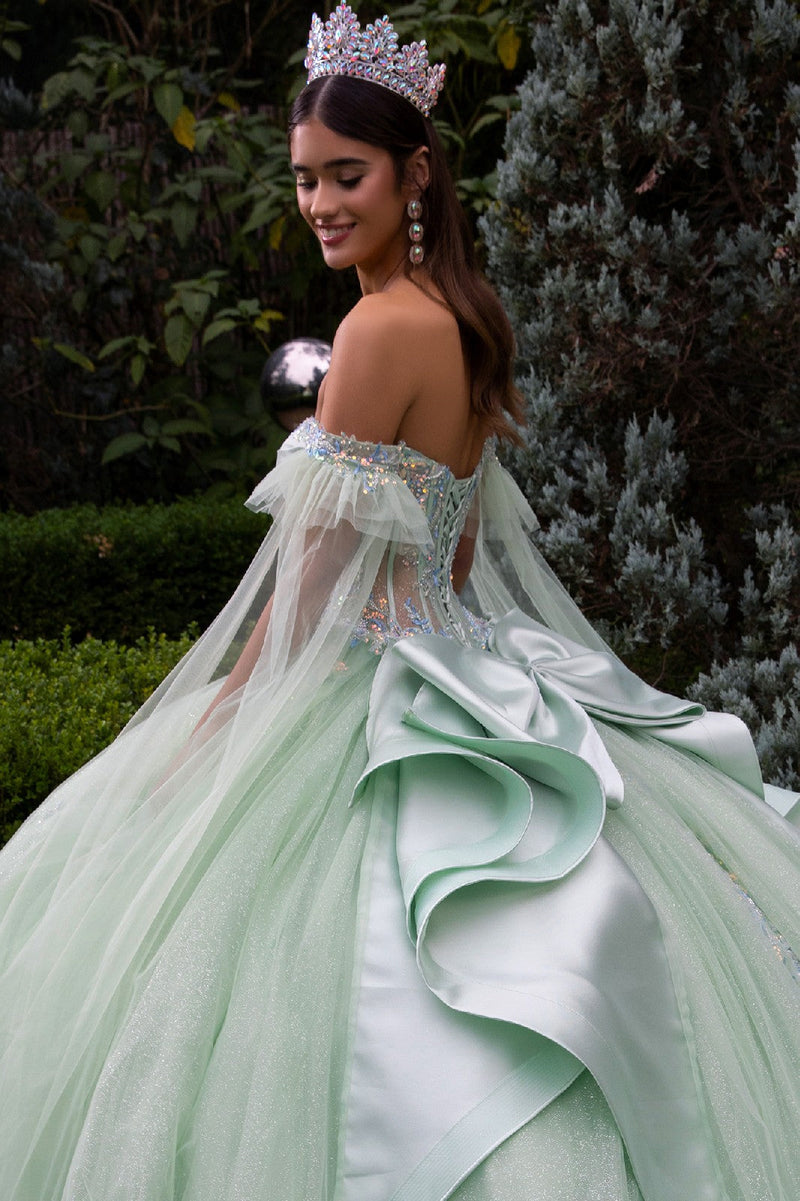 Off Shoulder Ball Gown Quinceañera Dress with Corset Bodice Glitter Tulle by Elizabeth K GL3550