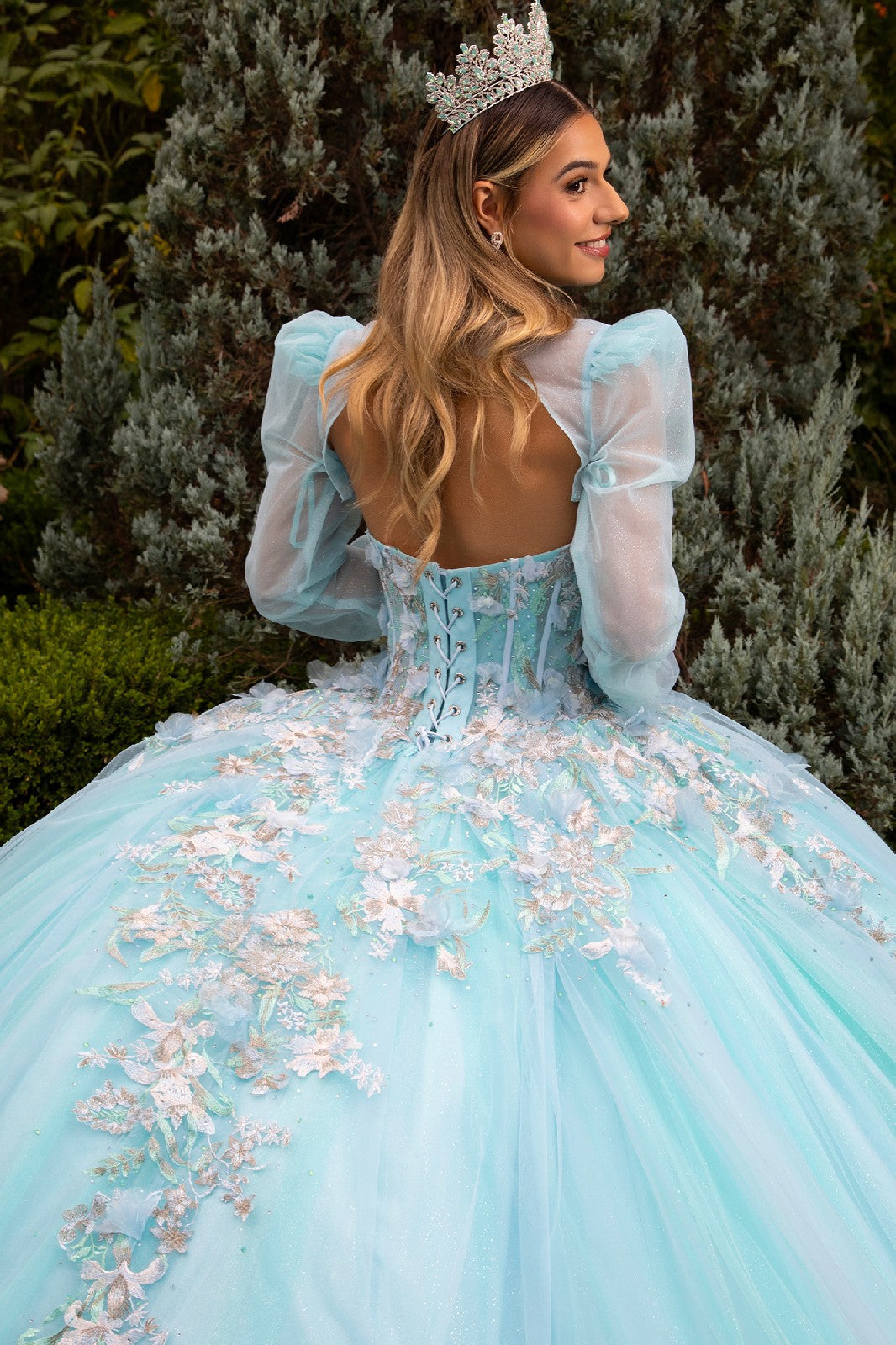 Floral Embroidered Quinceañera Ball Gown with Sheer Puff Sleeves by Elizabeth K GL3577