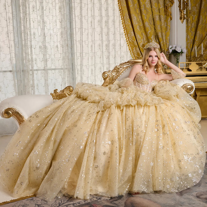 Champagne Quinceanera Dress Glitter Print V-Neck Ball Gown by Elizabeth K GL3646