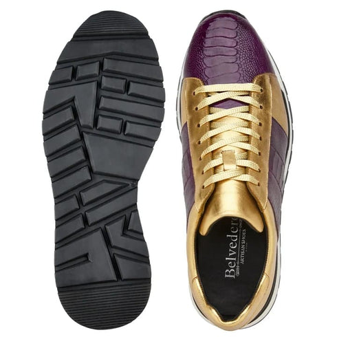 Men's Belvedere Blake Calf & Ostrich Leg Dress Sneaker In Purple & Gold