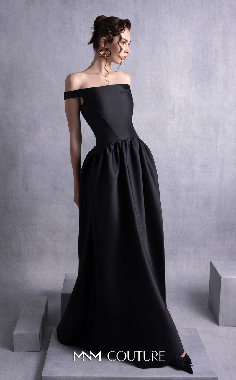 Gaby Charbachy GOS2507 Black Off-Shoulder High Slit Gown by MNM Couture