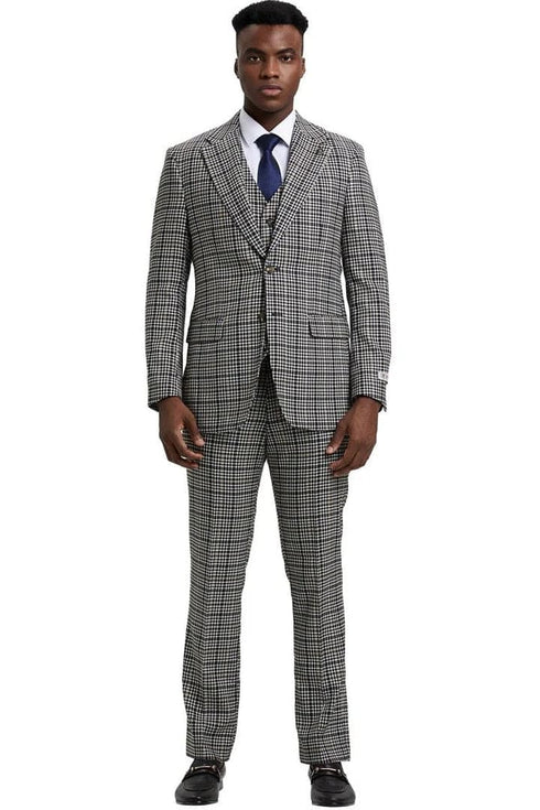 Plaid Suit - Windowpane Suit - Checkered Suit - Mens Vested Grey Suit