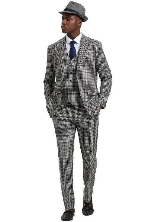 Plaid Suit - Windowpane Suit - Checkered Suit - Mens Vested Grey Suit