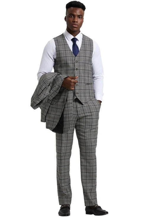 Plaid Suit - Windowpane Suit - Checkered Suit - Mens Vested Grey Suit