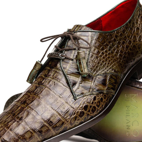 Marco Di Milano Lacio Men's Shoes Wood Green Genuine Caiman Crocodile Dress Derby Oxfords