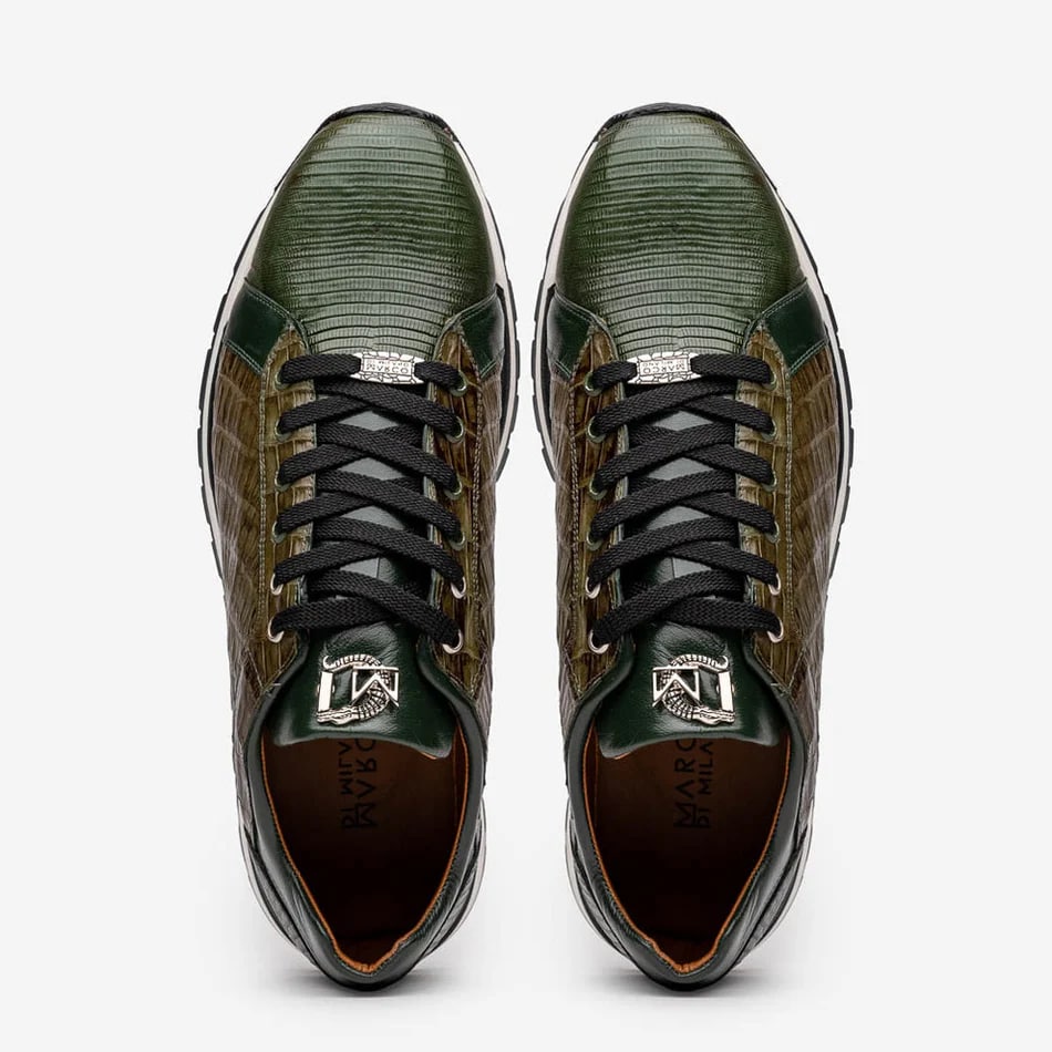 Marco Di Milano Portici Men's Shoes Green & Olive Exotic Lizard / Crocodile Casual Sneakers