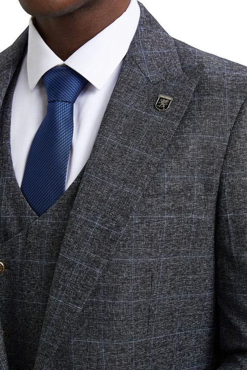 Plaid Suit - Windowpane Suit - Checkered Suit - Mens Vested  Charcoal Grey Suit