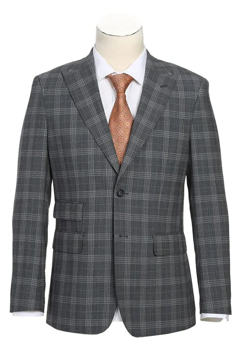 Mens Plaid Suit - Patterned Business Suit -Mens Designer Two Button Slim Fit Peak Lapel Wool Suit In Grey Windowpane Plaid Check