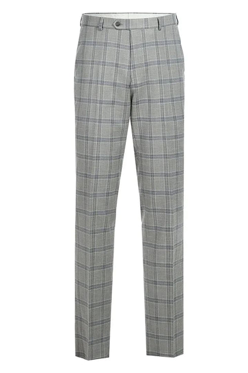 Mens Plaid Suit - Patterned Business Suit - Mens Two Button Slim Fit Two Piece Suit In Light Grey & Blue Windowpane Plaid