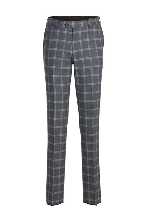 Mens Plaid Suit - Patterned Business Suit - Mens Designer Two Button Slim Fit Notch Lapel Wool Suit In Bold Medium Grey Windowpane Plaid