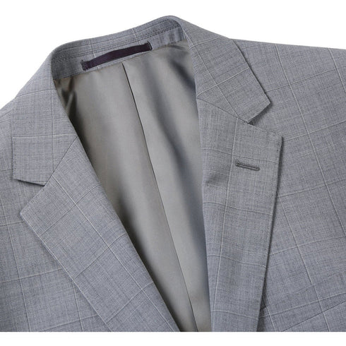 Mens Plaid Suit - Patterned Business Suit - Mens Slim Fit Two Button Hack Pocket Suit In Light Grey Windowpane Plaid