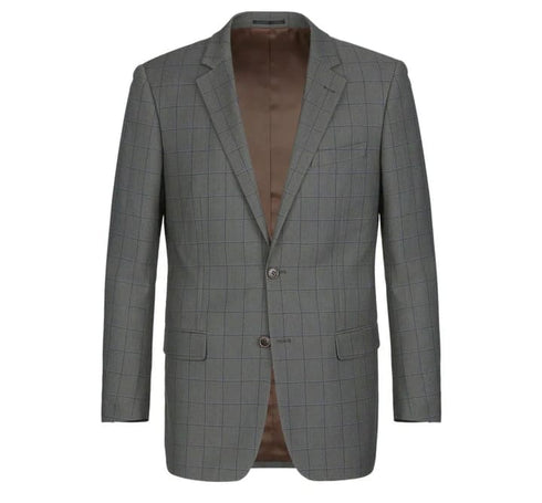 Mens Plaid Suit - Patterned Business Suit - Mens Two Button Classic Fit Two Piece Suit In Grey Windowpane Plaid