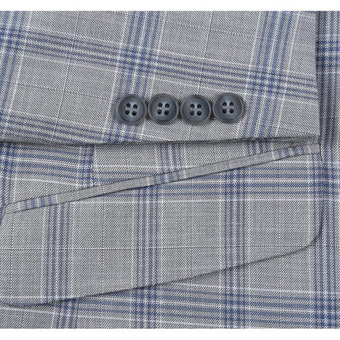 Mens Plaid Suit - Patterned Business Suit - Mens Two Button Slim Fit Two Piece Suit In Light Grey & Blue Windowpane Plaid