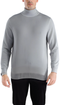 Men's grey turtleneck sweater with a fitted silhouette, long sleeves, and a ribbed high collar. Smooth, stretchy material, solid grey color. Ribbed hem and cuffs for structure.
