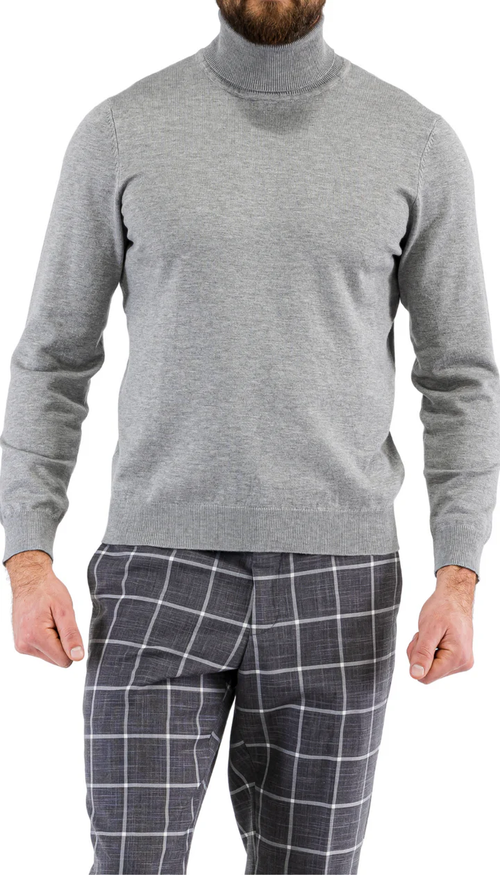 Alberto Nardoni men's grey turtleneck sweater. Fitted silhouette, ribbed details, and soft, stretchable material. Solid light grey, minimalist design.
