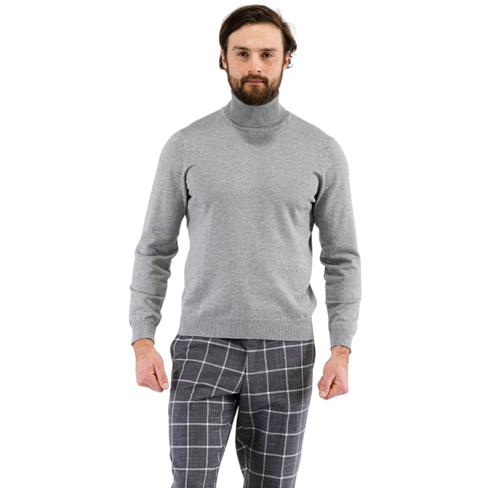 Alberto Nardoni men's grey turtleneck sweater. Fitted, long-sleeved, soft knit. Features a high collar, ribbed cuffs, and waistband for a structured, classic look.
