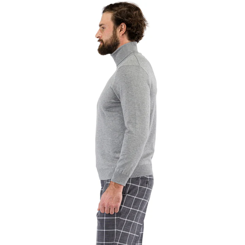 Men's light grey turtleneck sweater with fitted silhouette and long sleeves. Soft knit fabric, ribbed collar, hem, and cuffs. Uniform light grey color.
