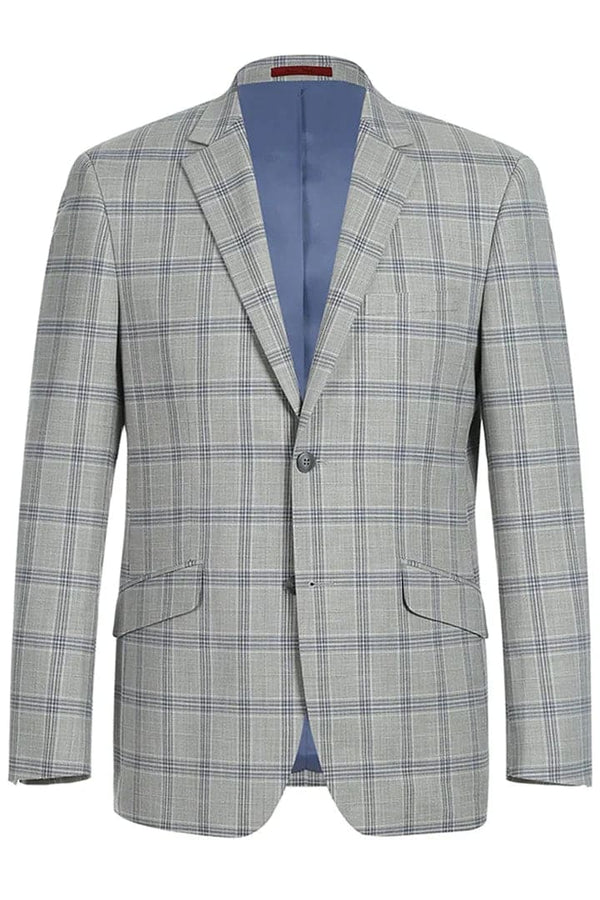 Mens Plaid Suit - Patterned Business Suit - Mens Two Button Slim Fit Two Piece Suit In Light Grey & Blue Windowpane Plaid