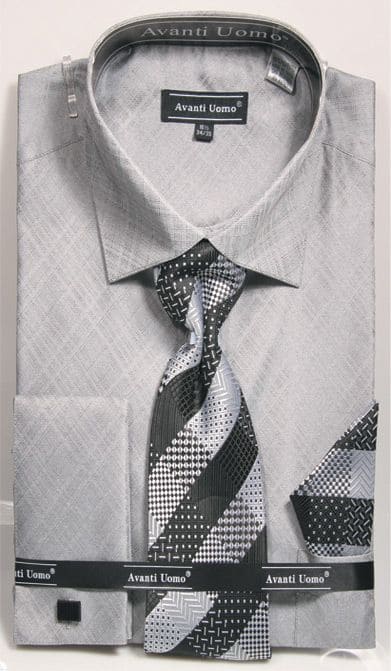 Men's Weave Pattern French Cuff Dress Shirt, Tie & Hanky Set In Grey