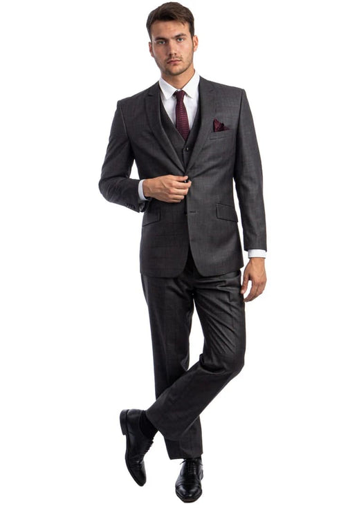 Plaid Suit - Windowpane Suit - Checkered Suit - Mens Vested Charcoal Grey Suit