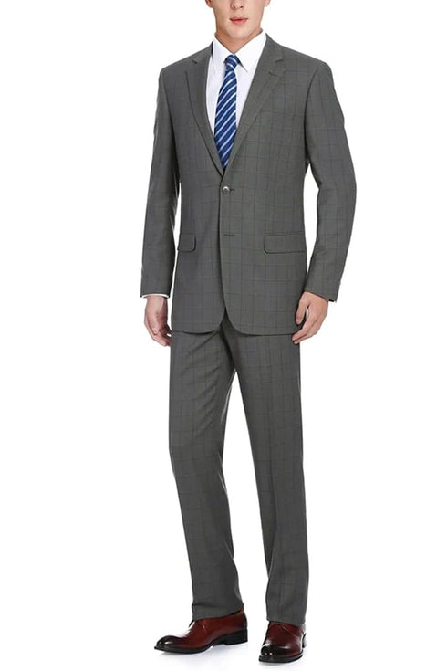 Mens Plaid Suit - Patterned Business Suit - Mens Two Button Classic Fit Two Piece Suit In Grey Windowpane Plaid