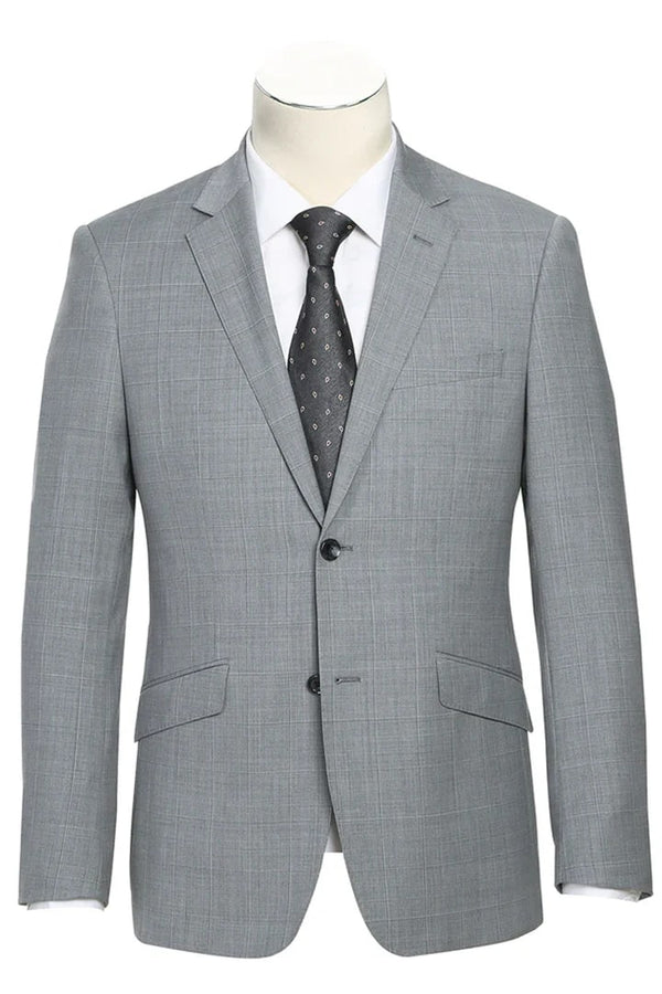 Mens Plaid Suit - Patterned Business Suit - Mens Slim Fit Two Button Hack Pocket Suit In Light Grey Windowpane Plaid