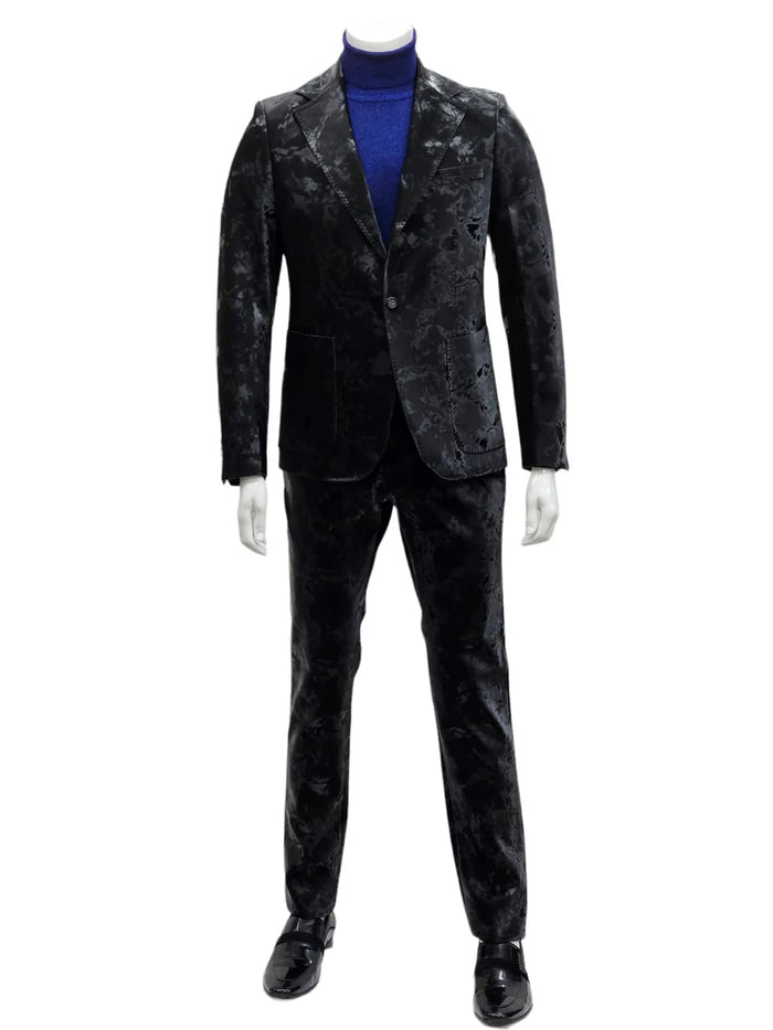 Black camouflage slim fit suit. Textured fabric. Single-button blazer with notched lapels and pockets. Close-fitting trousers.
