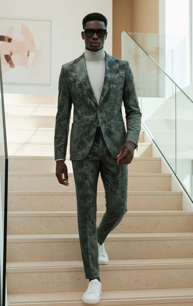 Men's slim fit suit in green faux leather. Features a textured pattern, one-button closure, and patch pockets.
