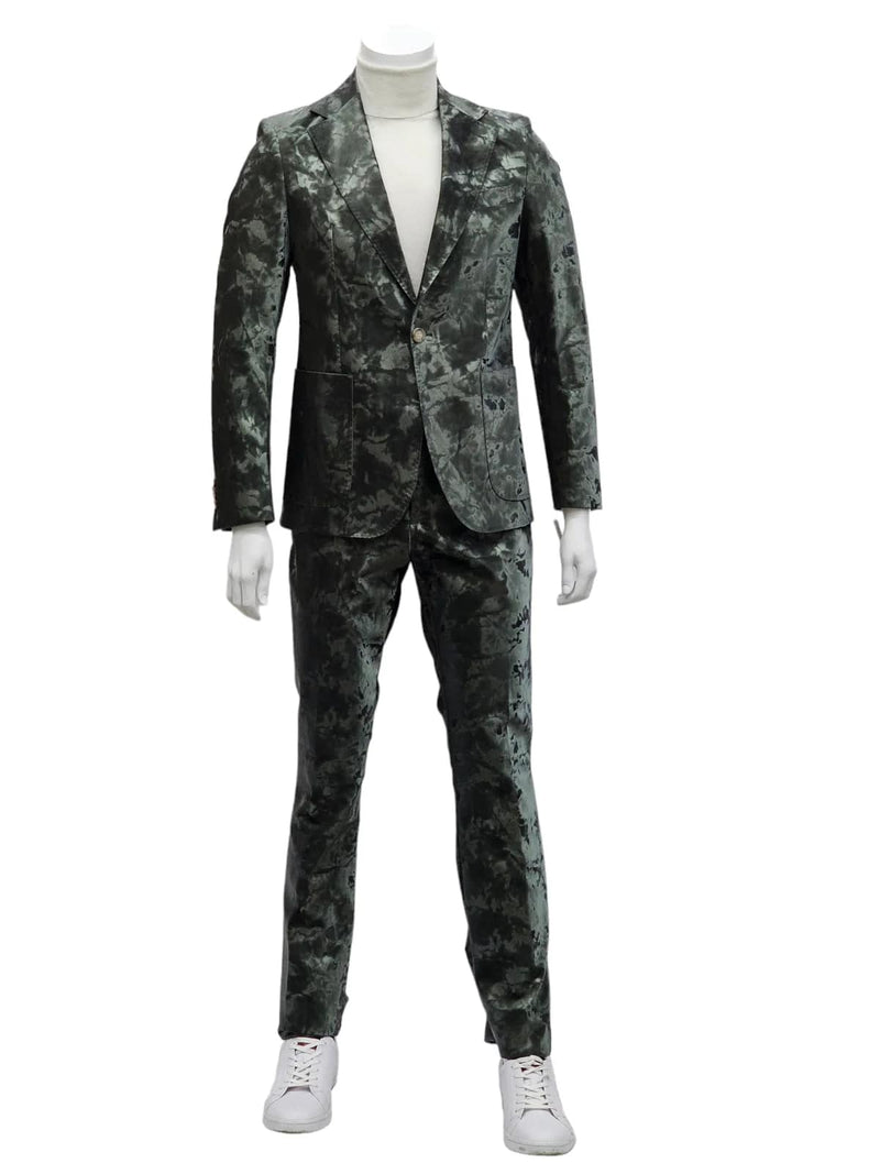Men's slim fit green faux leather suit with 1 button and patch pockets. Textured appearance and mottled color variation for a unique look.