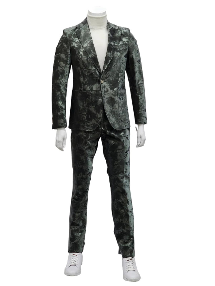 Men's slim fit green faux leather suit with 1 button and patch pockets. Textured appearance and mottled color variation for a unique look.