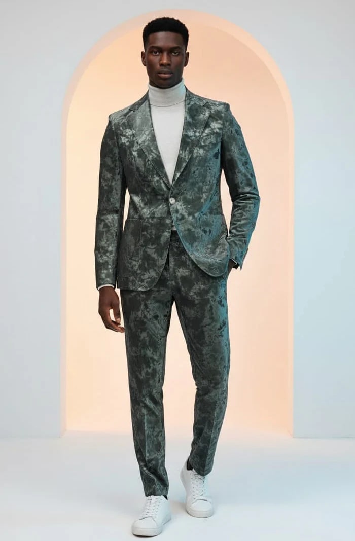 Men's slim fit faux leather suit in green with textured pattern. Features a single-button jacket with patch pockets and a tailored silhouette.
