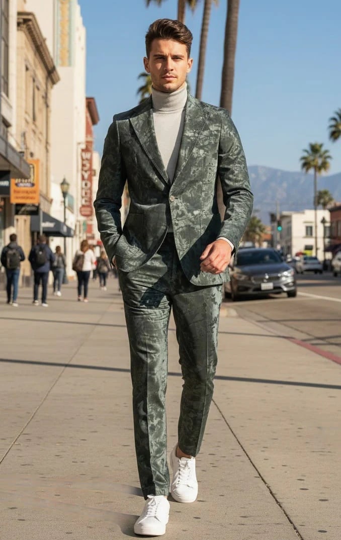 Slim-fit green faux leather suit. Textured fabric, single-button jacket with patch pockets. Matching tailored trousers maintain the green hue and texture.
