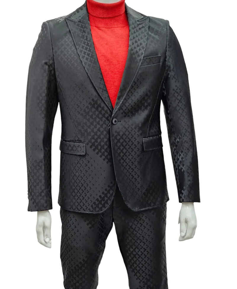 Alberto Nardoni men's suit: black, subtly patterned fabric. One-button closure, peak lapel, two front pockets. Matching trousers with cohesive pattern. Sharp, tailored design.
