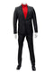 Black men's suit with a one-button peak lapel. Features a subtle textured pattern, tailored jacket, and fitted trousers for a sleek silhouette. Smooth fabric, possibly with a sheen. Formal design.
