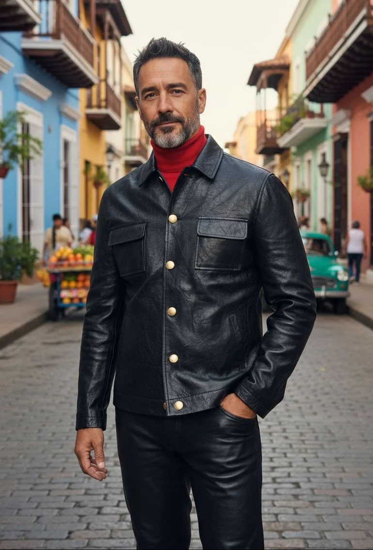 Men's black, slim-fit leather suit with a five-button jacket. Features a structured design, classic collar, chest pockets, gold-tone buttons, and tailored, slim pants.
