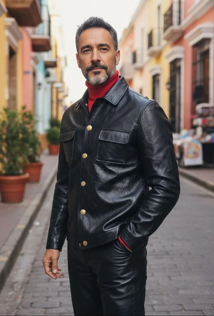Men's black slim-fit leather suit with five-button closure and collared design. Features visible front pockets with flaps and gold-tone buttons. Smooth texture, structured appearance.
