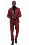Two Piece Slim Fit Faux Leather Casual Suit Burgundy