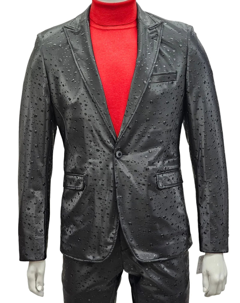 Black one-button suit with peak lapels & wet-look finish. Features raised droplet pattern, single breast pocket & tailored fit. Includes matching pants.

